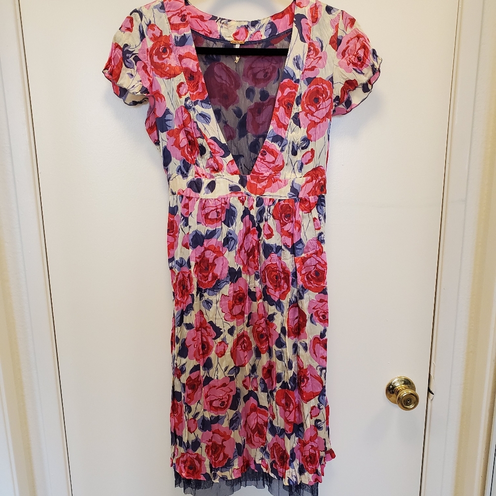 Vintage Free People Satin Crepe Floral Midi Dress